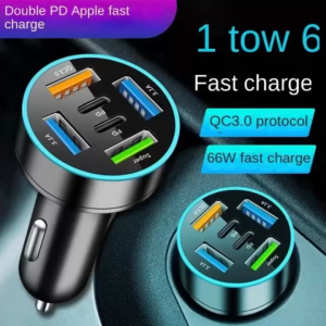 Tẩu Sạc Điện Thoại Trên Ô tô Sạc Nhanh QC3.0 - 6 Cổng USB PD Cao Cấp Có Led Viền Sạc Siêu Nhanh