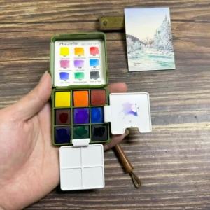 สไตล์ใหม่9สี Travel Solid สีน้ำ Pigment ชุด Pocket Art นักเรียนกลางแจ้ง Sketching ภาพวาดสีน้ำ Palette Tools