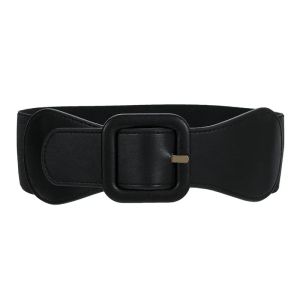 Womens Fashion Wide Belt Square Pin Buckle Imitation leather elastic Waist Strap Costume matching decoration Dress Waistband
