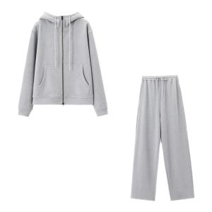 Acrylic Womens Hooded Sportswear Set with Long Sleeves and Wide-Leg Pants Fleece-lined and Zippered for Autumn and Winter