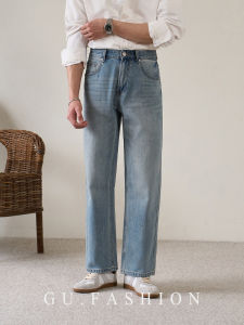 Pure Cotton High Waist Loose Fit Mens Jeans Light Blue Vintage Straight Leg Pants Business Casual Summer Breathable