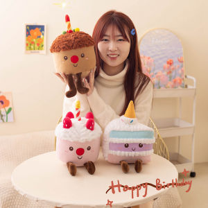 JOJO CASTLE 23cm Stuffed Chocolate Cake Plushie Strawberry Fruit Shape Plush Toys Kawaii Face Cream Cake Party Decor Gift Toys for Baby Birthday