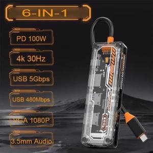 6-in-1 USB-C Hub for MacBook Pro/Air Type-C to HDMI USB 3.0 USB 2.0 VGA PD 3.0 3.5mm Audio Docking Station