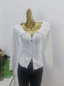 เสื้อคาร์ดิแกนถักเปิดยาวทรงสลิมฟิตสำหรับผู้หญิง เสื้อสเวตเตอร์คอปกตั้งแขนยาว ซิป สไตล์ฝรั่งเศส ฤดูใบไม้ผลิและฤดูใบไม้ร่วง