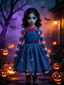 New Girls Dress 2026 Halloween cosplay Ghost Baby Chaji Dress Two Piece Set Striped Long sleeved Top+Denim Strap Fluffy Dress 2