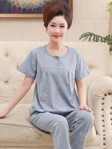 Fenteng Care Pure Cotton Summer Sleepwear Short Sleeve Long Pants Lightweight Set for Middle-Aged Mothers Home Comfortable