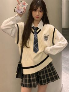 Spring & Fall New Preppy Style White Shirt Girls Loose V-neck Bandage Dress Knitted Vest Tie Long Sleeves Shirt