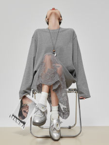 XIAODADEHUA | Gray Lace Patchwork Round Neck Long Sleeve Casual Comfortable Dress