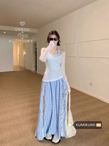 Womens V-neck Lace Splice T-shirt Set Summer White Cover-up Long Sleeve Neck Hanging Vest Three-piece Set Checkered Mini Skirt