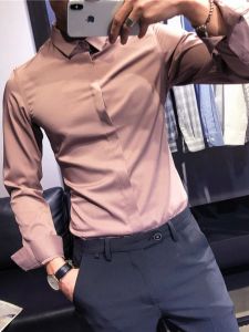 Mens Ice Silk Shirt Slim Fit Long Sleeve Hidden Button Casual Fashion Korean Style Polyester Fiber Non-Iron Treatment