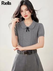 puella | Summer Bow Knit Short Sleeve Vertical Striped Puff Shoulder Slimming Blouse