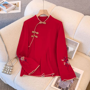 Áo Sơ Mi Đỏ Trung Hoa Phong Cách Mới Cho Nữ Áo Sơ Mi Cơ Bản Áo Dài Cổ Đứng Áo Dài Thường Ngày Áo Dài Tay Mùa Thu