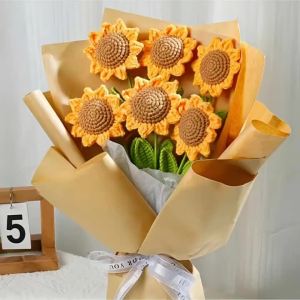 3 Pieces of Knitted Artificial Sunflower Products Hand Woven Flowers Hand Simulated Flowers Decorated with Yarn Crochet Hooks