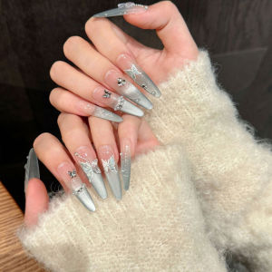 Bộ 10 Móng Giả Hình Hạnh Nhân Dài Đính Kèm Nơ Bướm & Đá Pha Lê Ngọc Trai Để Tự Làm Móng Tay Cho Nữ & Bé Gái