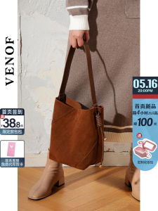Brown Bucket Bag Vintage Commuter Single Shoulder True Cowhide Fashion Trend Soft Leather Tote Handbag for Young Women