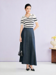 Color Block Seagull Collar Striped Acetate Linen Blend Knitwear