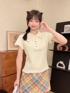 Colorful Button-Up Polo Neck Half Cardigan Short Sleeve T-Shirt Women Gentle Style Milk Series Cuffed Short Model Miu Label