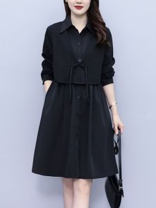 Large Size Autumn Fashion Womens Dress Chinese Style Loose Midi Black Dress Spring Autumn Seasonal Long Sleeve V Neck a Line Skirt