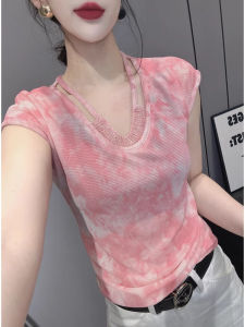 WANGGONGZHU | Princess Style Short Sleeve T-Shirt Womens Summer New Design Slim Fit Printed Mesh U-Neck Top Korean Fashion Creative Pattern