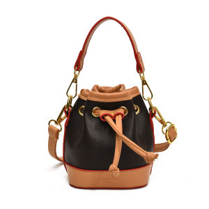 Trendy Mini Bucket Bag Drawstring Color Block Shoulder Crossbody Bag Elegant Single Strap Soft PU Leather Solid Color