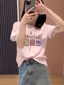 Fashionable Pink Cotton Short Sleeve T-Shirt Womens Loose Fit Summer New Style Korean round Neck Print Casual Top