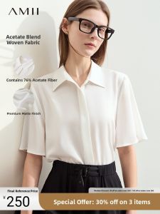 Amii Summer New Style Versatile Short Acetate Blend Loose Womens Shirt with Turn-down Collar And Short Sleeves for Commute