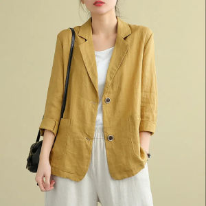 Casual Cotton Linen Short Suit Womens Long Sleeve Loose Fit Autumn Outerwear Elegant Personality Street Style Jacket