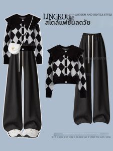 NUMEN BUTTON | Slimming Salt-style Fall Retro Plaid Knit Sweater and Casual Pants
