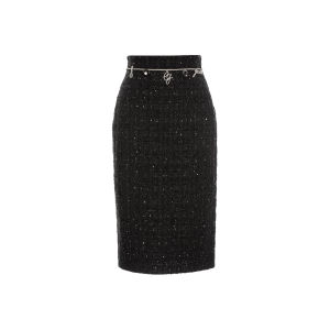 COVEN GARDEN Black Knitted A-Line Mini Skirt Slimming Woolen Perfume Style Commute Simple High Waist Polyester Fiber Skirt
