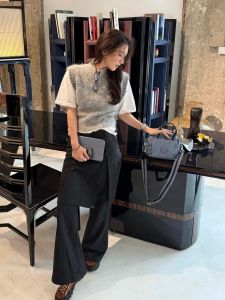 Howwell Faux Two-Piece Wool Split Skirt Pants Celebrity Designer Single Item Straight Leg Pants Ladies Casual Trousers