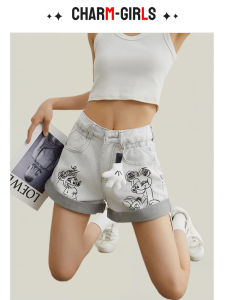 American Design Short Pants Womens Summer Cartoon Print White Grey Wide Leg Jeans Sweet And Spicy Hot Pants Casual Low Waist Shorts