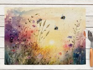 Bộ 2/4/6 Tấm Lót Bàn Bằng Vải Lanh Polyester Chống Trượt Có Thể Giặt Được VIKAMA Watercolor Bee Wildflower Để Trang Trí Nhà Bếp Tại Nhà