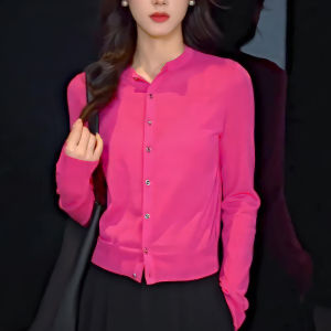 Zui Ping Fashionable Knitted Short Cardigan Womens Pink round Neck Long Sleeve Simple Match Autumn Summer New Style Commute