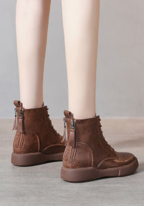 Export Shopping Mall Withdraw from Cupboard Boots Female British Style Flat Ankle Boots Fall and Winter Zip Platform Genuine Leather Short Boots