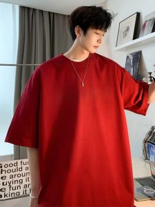 เสื้อยืดแขนสั้นผู้ชายสีแดง คอกลม ทรงหลวม ผ้าฝ้ายแท้ ระบายอากาศได้ดี แฟชั่นฤดูร้อน เสื้อผ้าผู้ใหญ่ไซส์ใหญ่