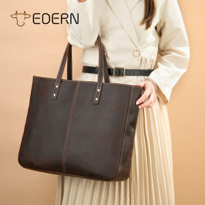 EDERN ย้อนยุคหนังม้าบ้ากระเป๋าโท้ทสำหรับผู้หญิงความจุขนาดใหญ่กระเป๋าสะพายไหล่ชายกระเป๋าถือหนังวัวกระเป๋าช้อปปิ้งกระเป๋าถัง