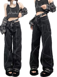 High Waist Straight Leg Black Denim Jeans Women Spring American Design Sensation Subculture Y2K Irregular Slimming Pants
