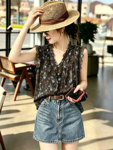 French Style Ruffle V-Neck Sleeveless Chiffon Blouse