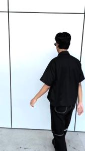 Convergent - Clever Kameja Boxy Pria Wanita Lengan Pendek Zipper Workshirt Hitam Tebal