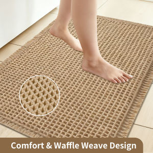 Waffle Bath Mat with Tassels Super Absorbent Non Slip Ultra Soft Rug Machine Washable for Home Bathroom Floor Beside Tub Shower