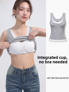 MiiOW | American Style Sweet And Spicy Lace Trim Ribbed Vest Womens Summer Tank Top Fake Two-Piece Strap Design Casual Fashion