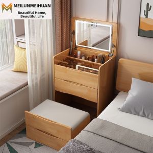 Multifunctional Solid Wood Vanity Bedside Cabinet With Mirror and 4 Drawers
