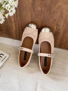 Retro Mary Jane Shoes with Buckle Soft Bottom Iron Head Splicing Genuine Leather round Head Slip-On Fashionable Womens Footwear