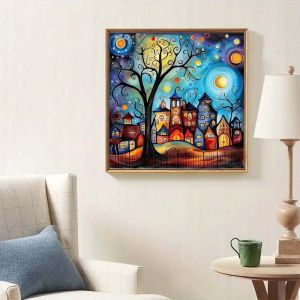5D DIY Full Drill Round Diamond Painting Kit Colorful Village Mosaic Canvas Home Wall Decor Perfect Holiday Memorial Gift