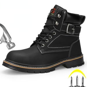 QINHUIZE Mens steel toed safety shoes Leather work boots Anti collision and anti piercing outdoor protective safety shoes Work shoes