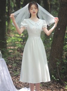 White French Style Sweet First Love Dress Slim Fit Date Doll Collar Mid-Length Small Size Registration White Dress