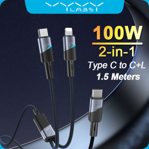 Vyvylabs 2-in-1 100W PD Fast Charging Cable USB C To Type-C Lightning Flexible Durable Connector Nylon Braided Wired Cord for IP 8-15 Pro Max Xiaomi Huawei Samsung