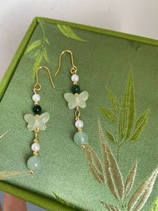Chinese Ancient Style Butterfly Pearl Tassel Earrings Natural Stone Dragonfly Insect Patterned Ear Hooks for Women