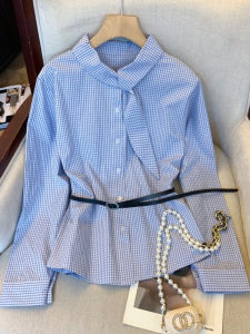 Korean Style Plaid Long Sleeve Shirt Womens Waist Cinched Chic Top Age Reduction Trendy Design Spring Autumn Seasonal Wear