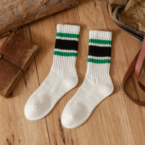 Mens Striped Socks Pure White Street Sport Sweat Absorbent Cotton Mid-Calf Loose Long Socks for Autumn Winter